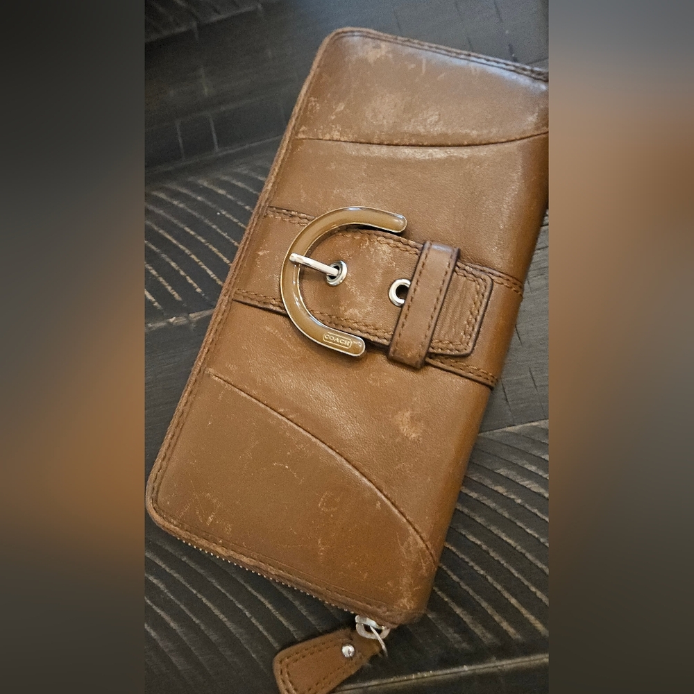 Coach Tan Leather Wallet with Silver Buckle